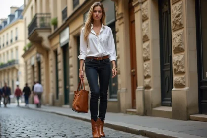 Femme en tenue santiag moderne avec jean slim, chemise blanche et bottes cowboy en cuir camel dans une rue parisienne pavée