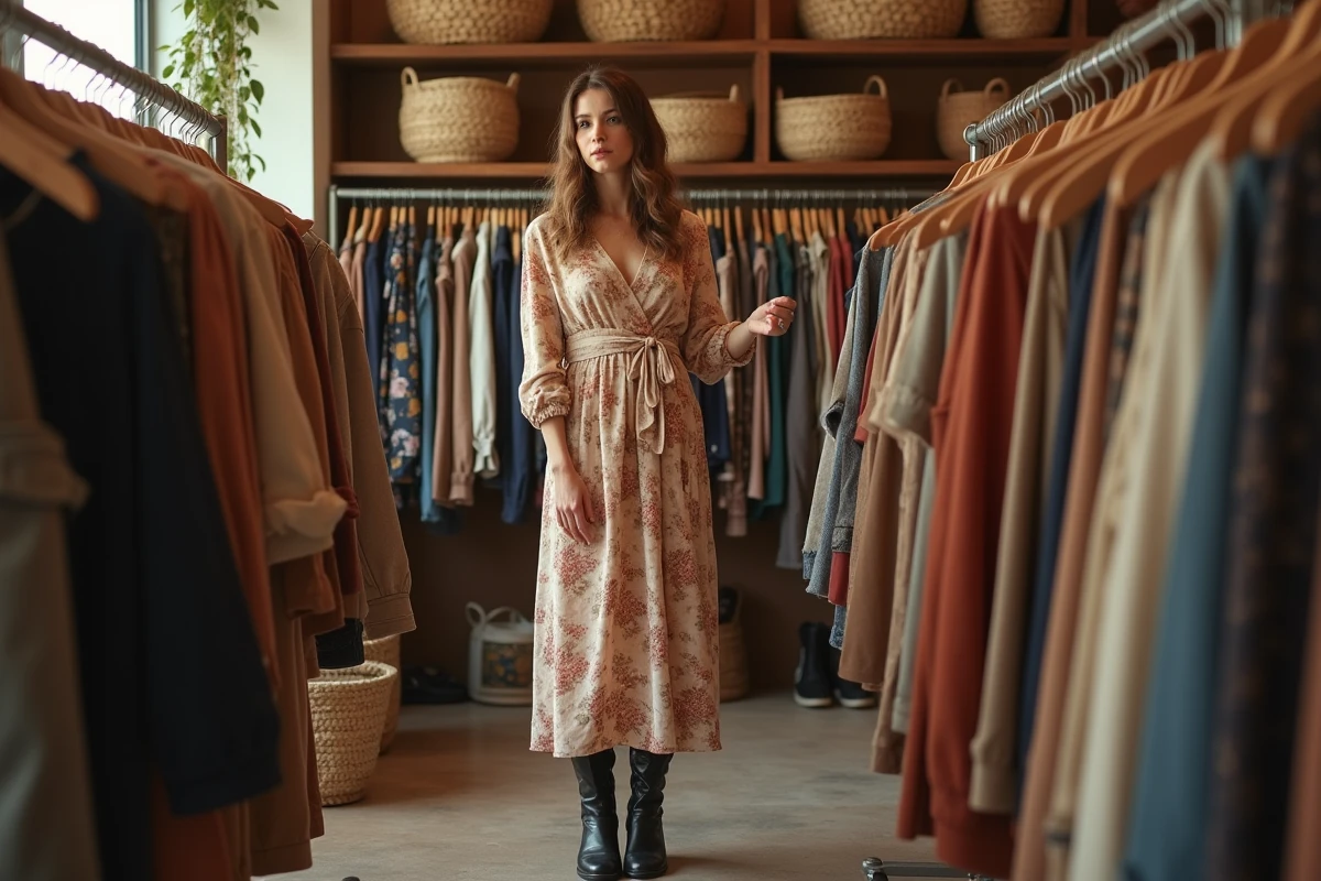 Femme en robe midi florale et santiags noires dans une boutique vintage, exemple de tenue cowboy moderne et féminine