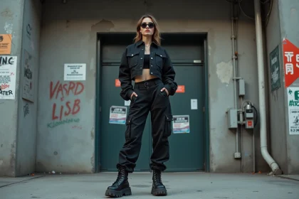 Jeune femme en tenue techno noire devant un mur de béton brutaliste avec affiches de club