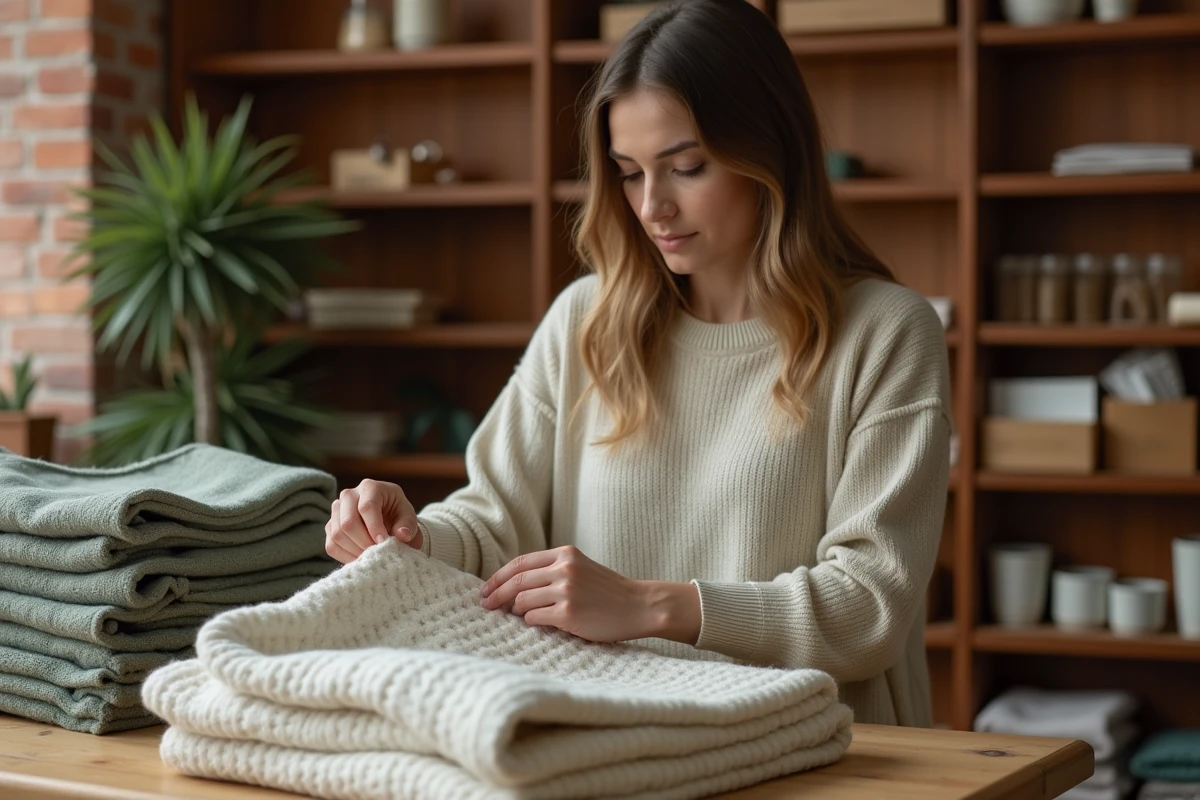 Femme examinant des vêtements et produits de pâtisserie dans une boutique lifestyle Tess Goods au décor en briques apparentes