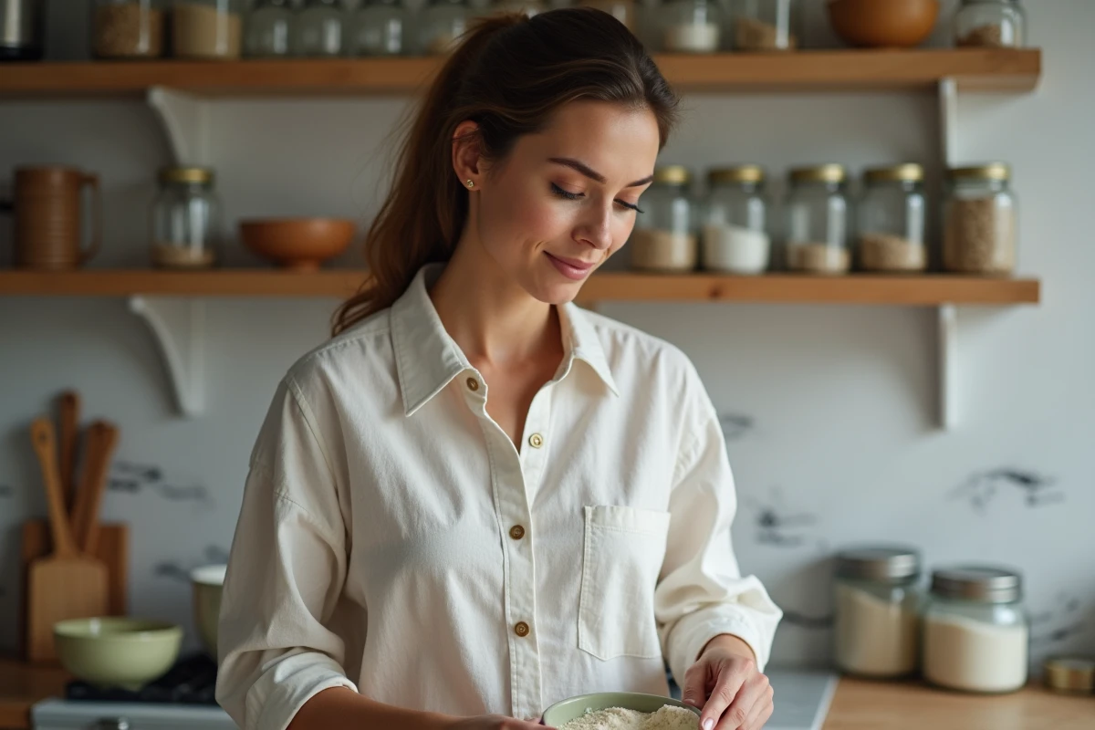 Femme portant un vêtement Tess Goods en lin en train de préparer une recette de pâtisserie dans une cuisine naturelle