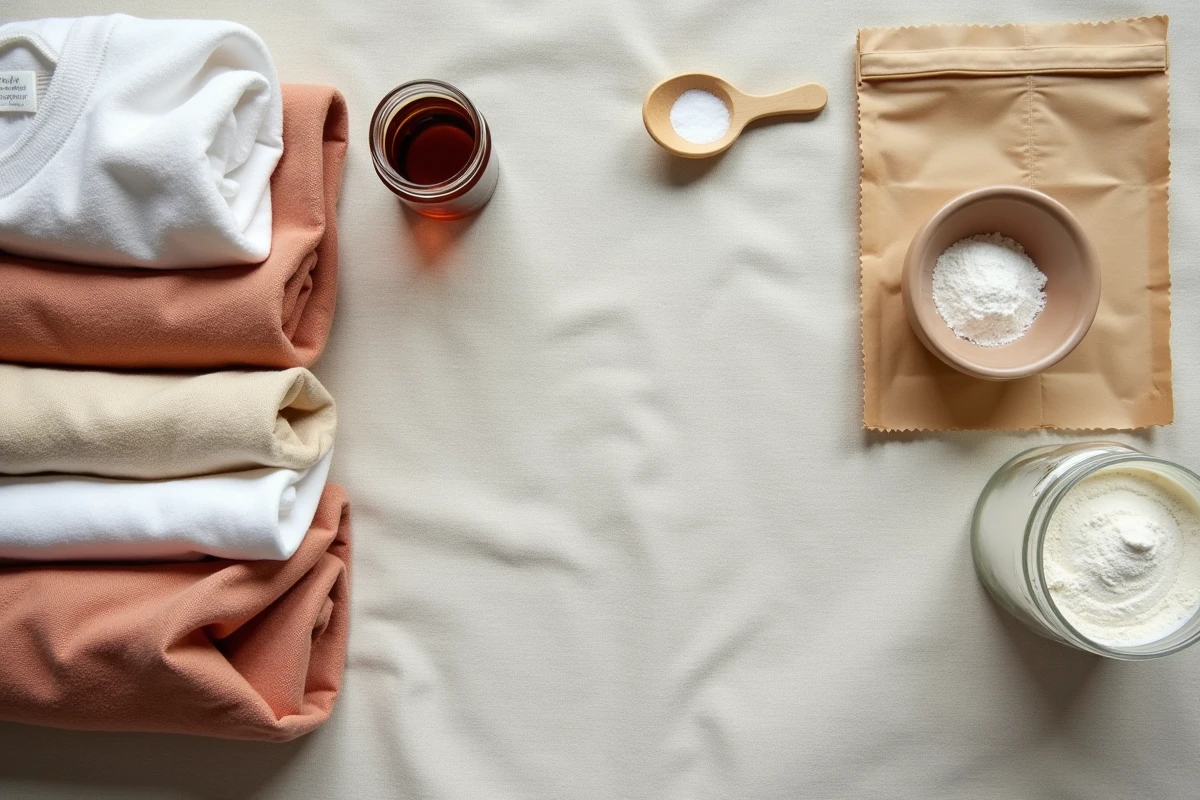 Flat lay de vêtements pliés et accessoires de pâtisserie de la marque Tess Goods sur fond de lin naturel