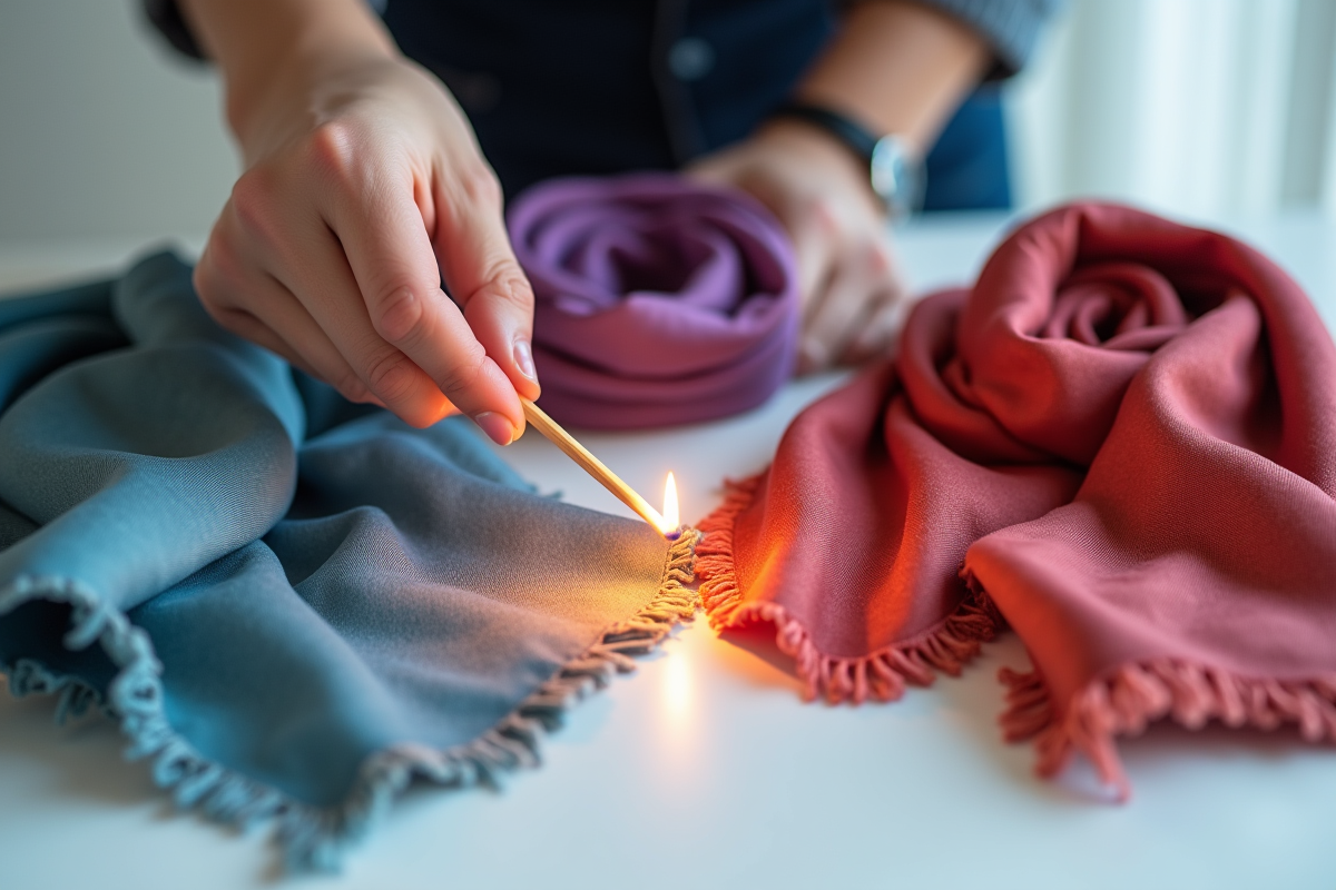 Test de combustion sur une écharpe en satin avec une allumette