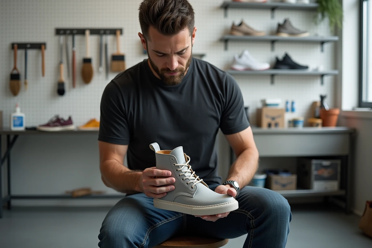 Homme testant la flexibilité d'une peinture sur une botte en cuir dans un atelier de customisation de chaussures