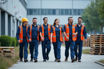 Groupe d'ouvriers d'usine en extérieur avec bâtiment moderne