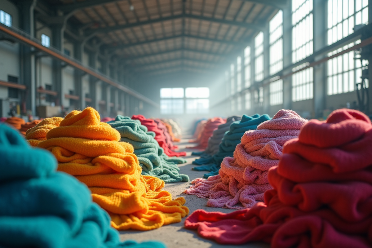 Grande usine textile avec vêtements colorés empiles sous lumière naturelle