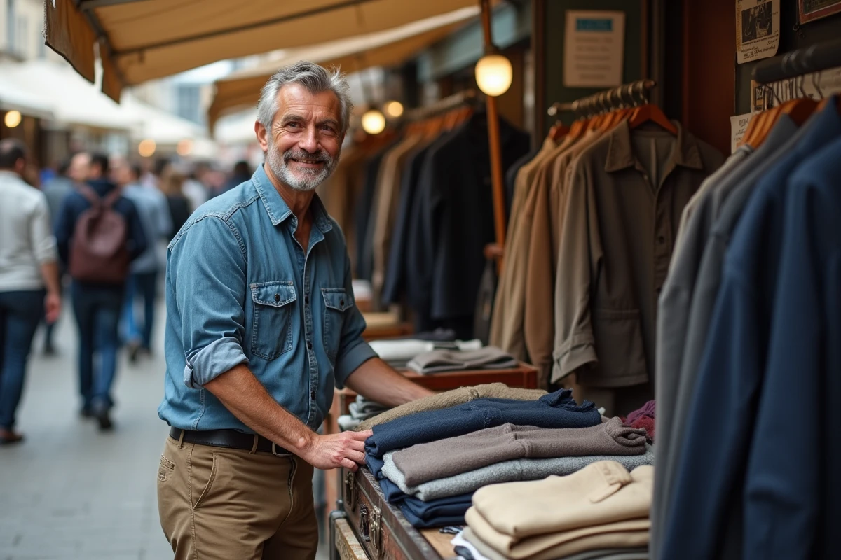 Vendeur arrangeant des vêtements de seconde main sur son stand à la grande braderie de Montpellier