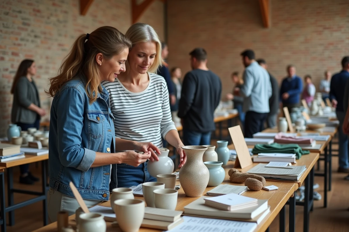 Deux femmes examinant des objets lors d'une vente privée communautaire en intérieur