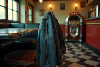Veste en jean vintage des années 1950 posée sur une chaise dans un diner américain rétro, évoquant l'histoire culturelle du denim et son lien avec Hollywood
