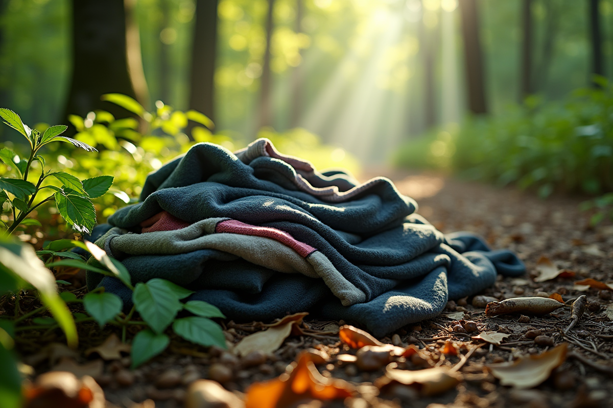 Vieux vêtements abandonnés sur le sol de la forêt avec feuillage vert