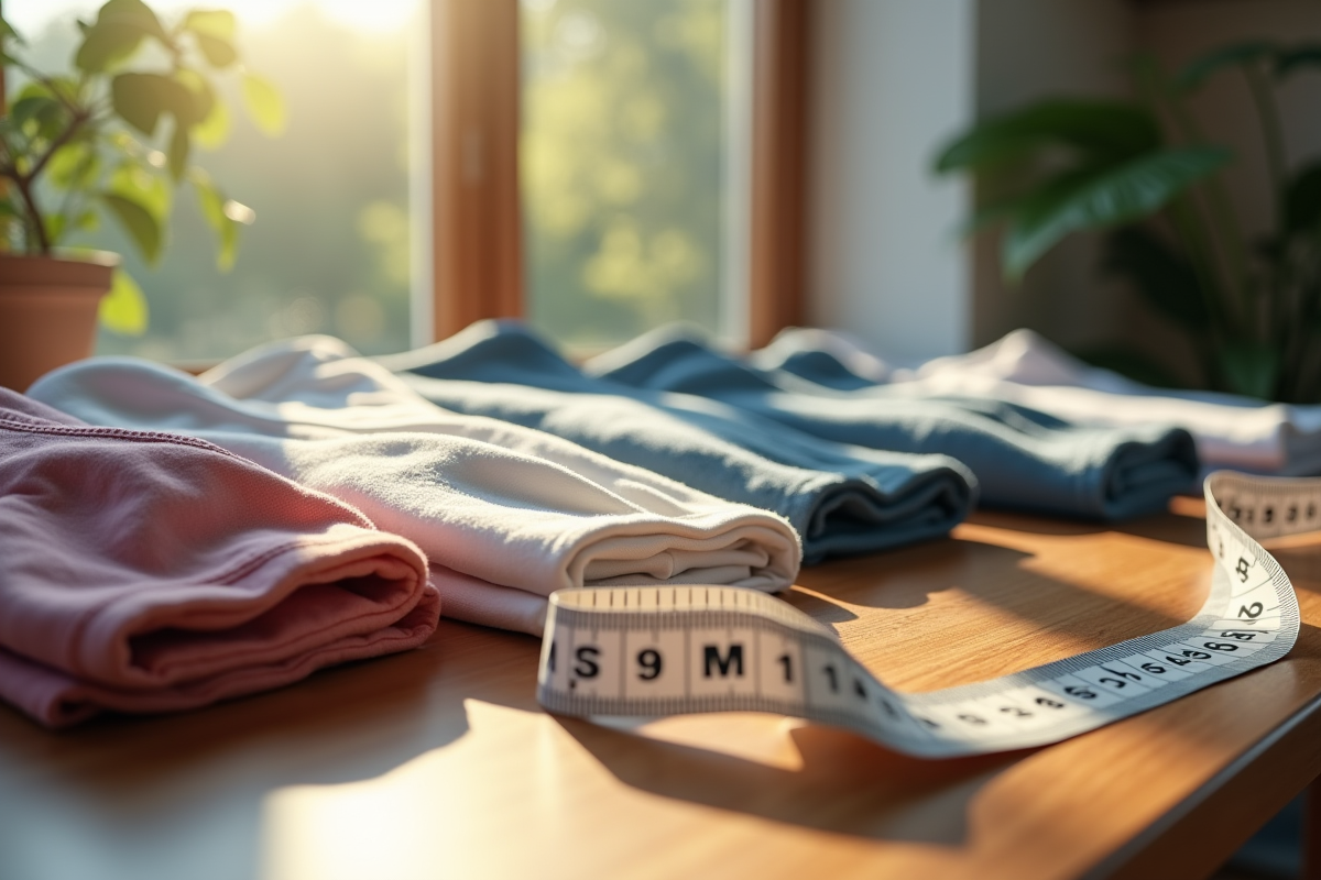 Vêtements taille M sur table en bois avec ruban de mesure